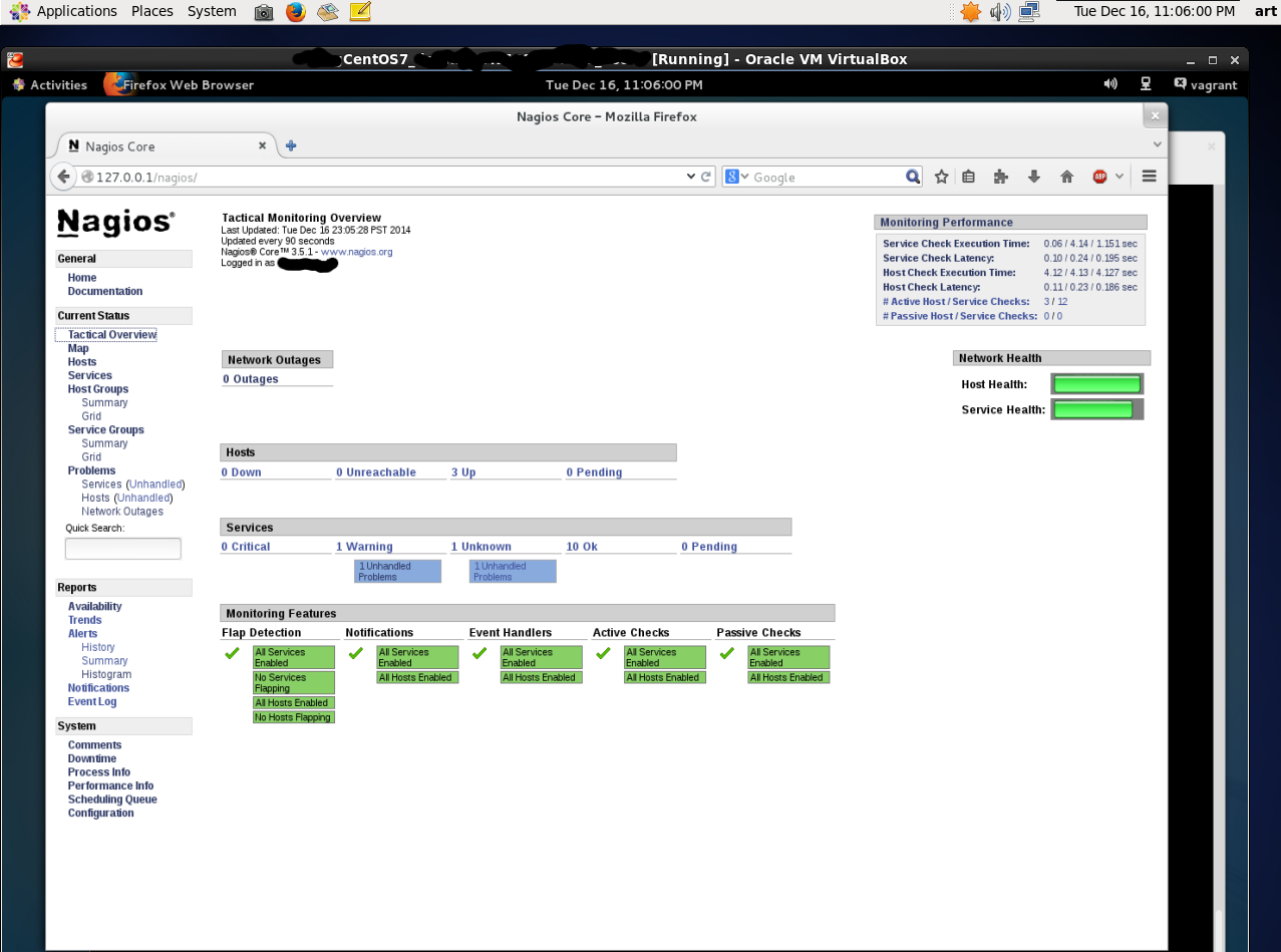 Click to view larger image in new window. Nagios Tactial Overview. CentOS 7 Guest and CentOS 6 Host